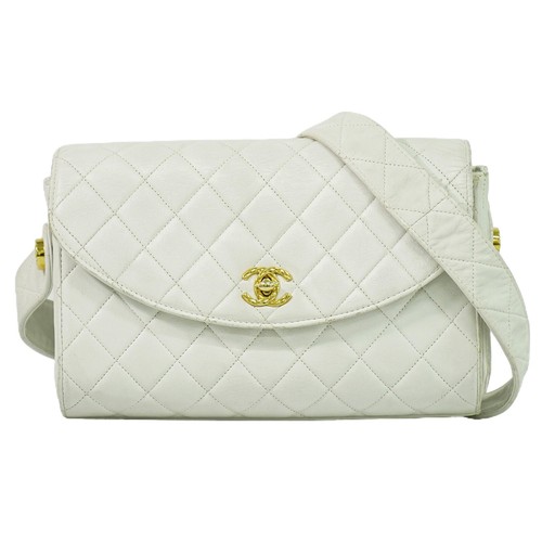 CHANEL CC Matelasse Leather Shoulder Crossbody Bag White Gold