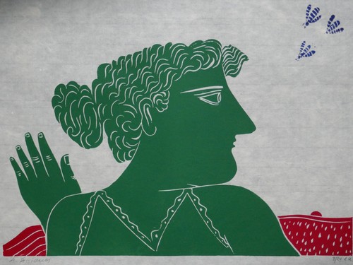 Alekos/Alecos Fassianos, Linolschnitt 1976 , signiert, e.a., femme en vert - Bild 2 von 6