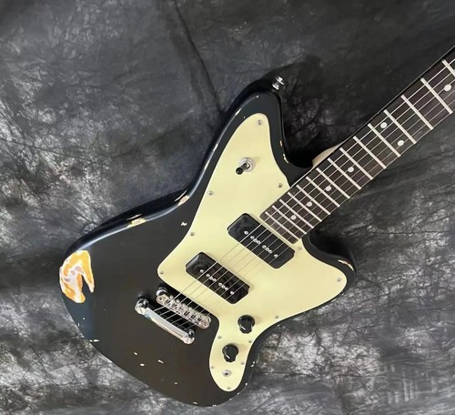 Black Over Sunburst E-Gitarre Schwarz P90 Tonabnehmer Gold Creme Schlagbrett - Bild 4 von 6