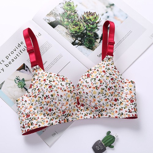 Women Gathered Bra Flower Print Seamless Bra Wireless Adjustable Strap Simple X - Picture 13 of 17