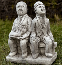 Friends on a bench Laurel and Hardy statue Concrete garden decor Humor figurine