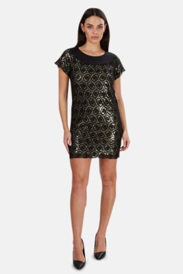 3.1 Phillip Lim Womens Gold Sequin Black Lace Overlay Dress Sz 6 Holiday Wedding