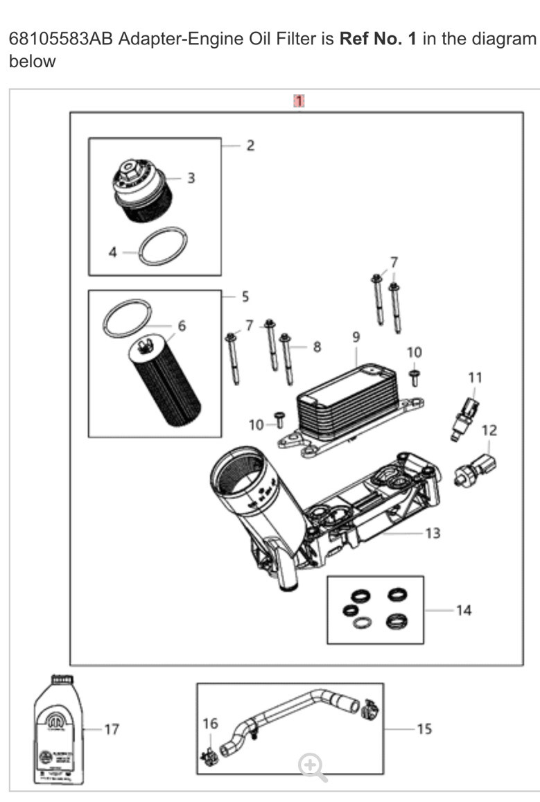 Mopar 68105583AG Oil Filter Adapter 315457-152B0 1E006649.Dodge  