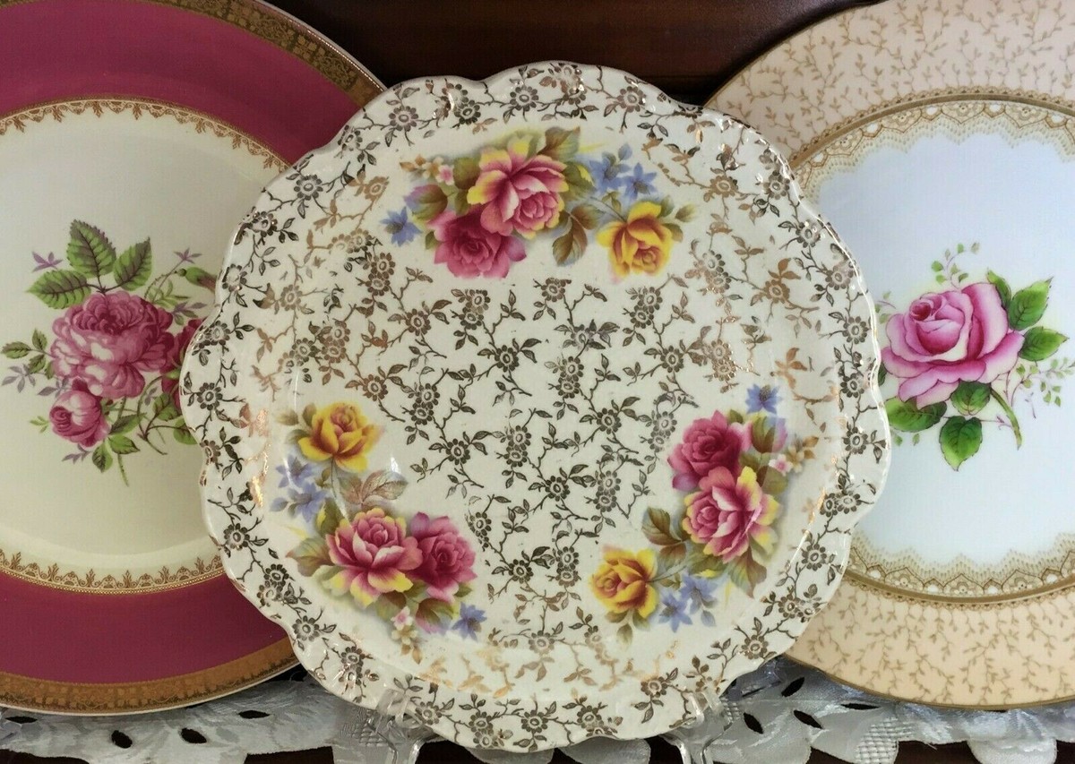 VINTAGE OLD FOLEY JAMES KENT STAFFORDSHIRE ROSE & GOLD CHINTZ CAKE