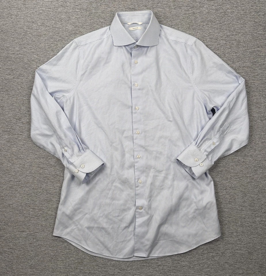 Camisa de Viajero Suitsupply Para Hombre 42/16.5 Etiqueta Azul Blanco Rayas Calce Extra Ajustado Foto 2 de 4