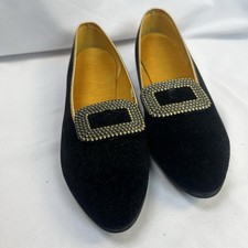 Vintage Black Velvet Bedroom Flats With Gold Buckle Sz 6 VGUC 1960 s