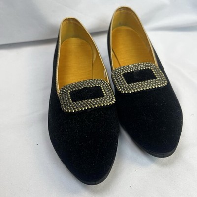 Vintage Black Velvet Bedroom Flats With Gold Buckle Sz 6 VGUC 1960 s