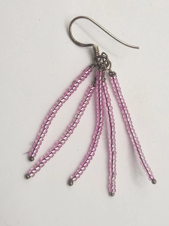 Y2K Pink Beaded Tassel Earrings Sterling Silver 925 Hooks Vintage Boho Festival - Image 4 of 4