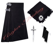 Solid Black Tartan 8 Yard Kilt - Men's Traditional Handmade kilt  Accessories