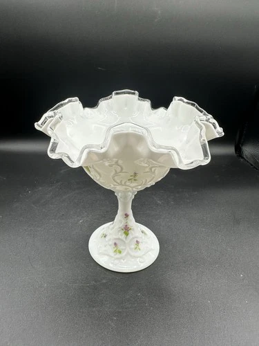 Vintage Fenton Violets Spanish Lace Silver Crest Hand Painted Glass Vase Signed