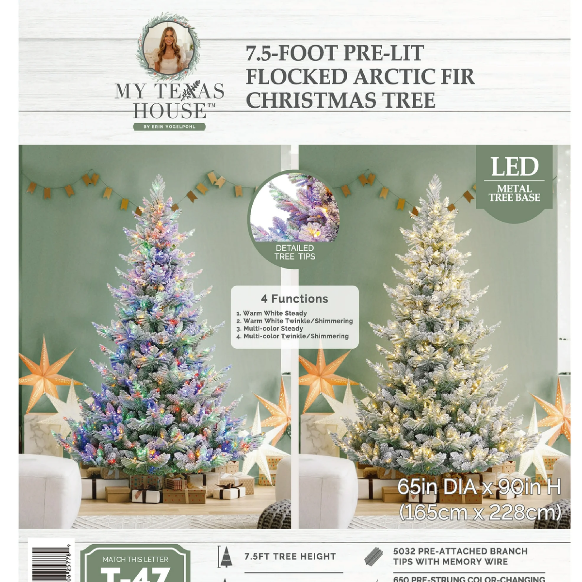 My Texas House 7.5-Foot Pre-Lit Green Flocked Arctic Fir