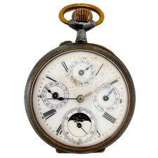 Antico orologio da tasca meccanico tripla data fasi lunari canna di fucile Swiss Made