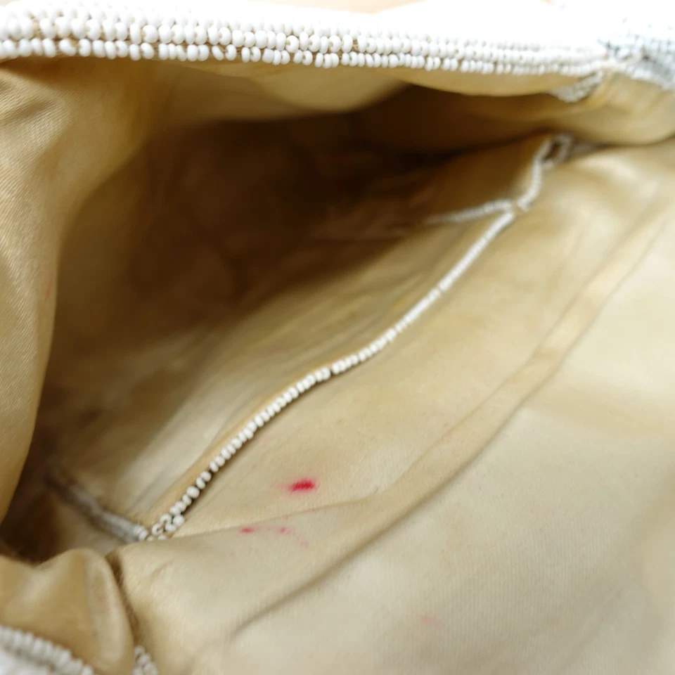 50s Vintage Beaded Purse Women Off White Floral Evening Wedding French Flap Bag - Image 4 of 4