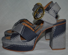  475 Sz 38 7.5 See by Chloe Joei Blue Denim Platform Buckle 4" Heels Sandals