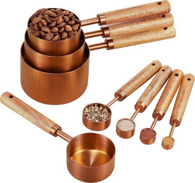 Copper Stainless Steel Measuring Cups and Spoons Set of 8, Wooden Handle with US