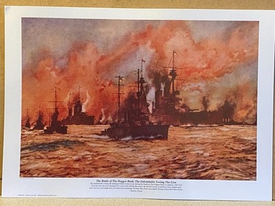 WW1 naval art print Battle of The Dogger Bank, The Indomitable towing The Lion