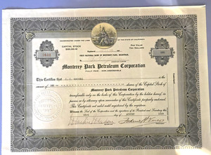 1929 Monterey Park Petroleum Corporation 1 Share Capital Stock Certificate
