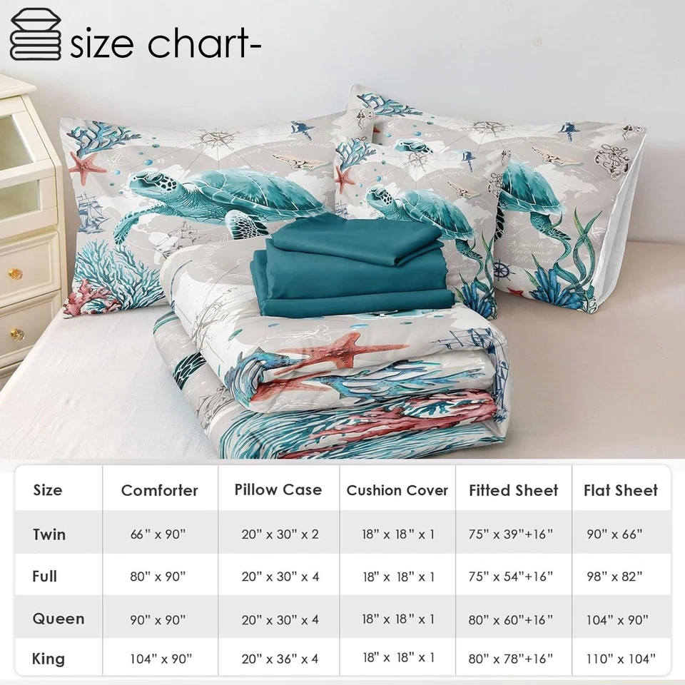 Juego de edredón 8 piezas de ropa de cama náutica tortuga marina reina con sábanas turquesa... Foto 3 de 4