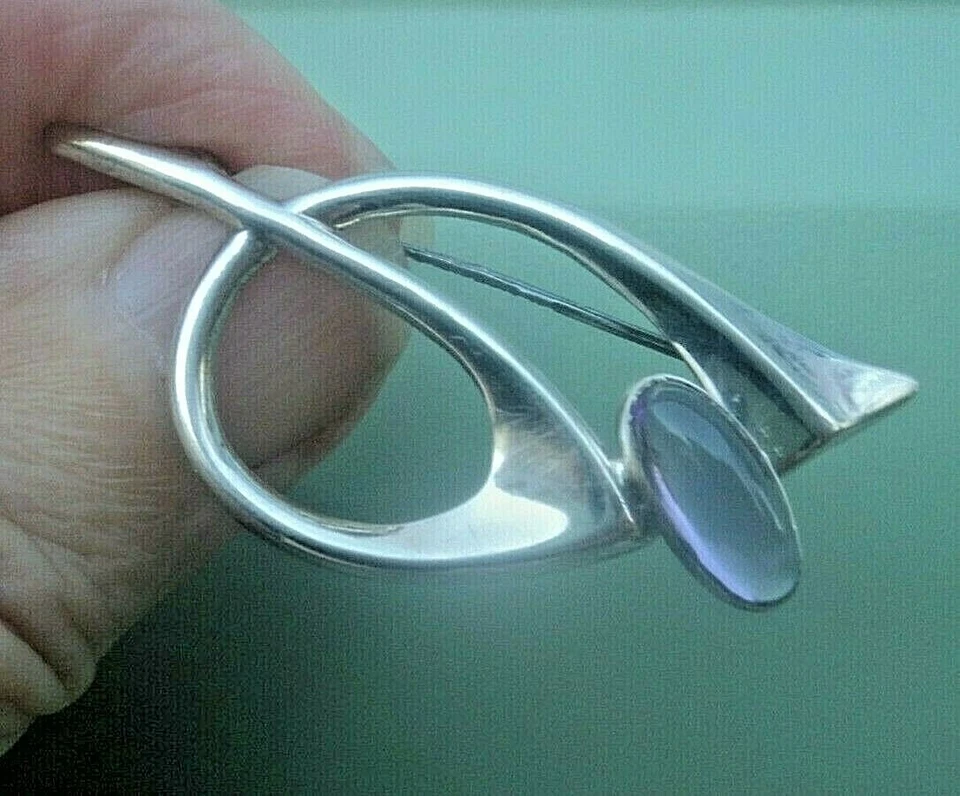 Finlandese Moderni Argento E Ametista Spilla Kultaseppa Salovaara, Finland 1960 - Immagine 3 di 4