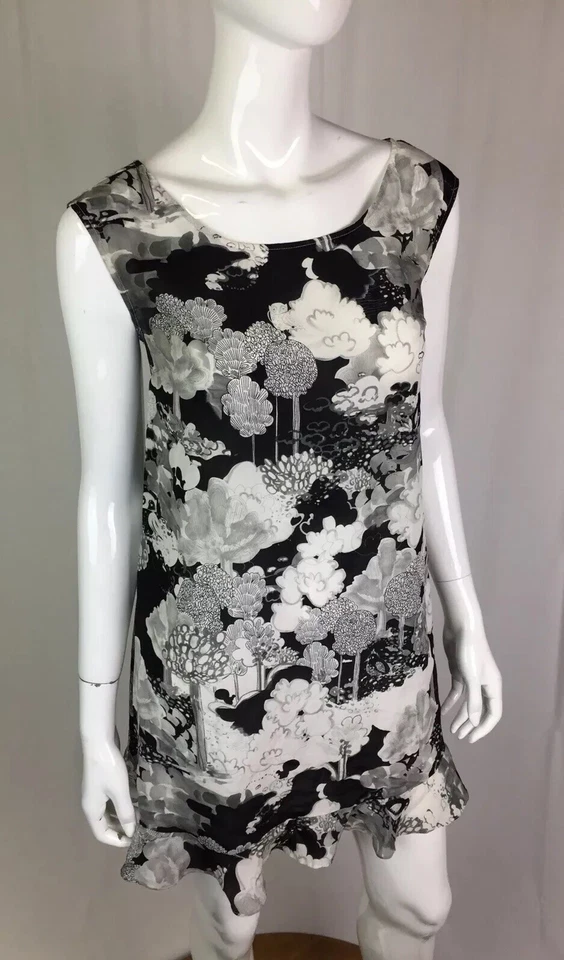 Vestido Anthropologie Moulinette Soeurs 4 Tons de Seda Cinza Pássaros Coruja Shift $168 - Imagem 3 de 4