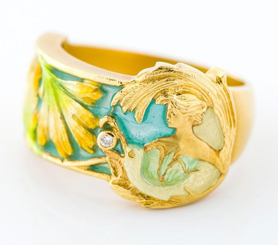 Masriera 18k Yellow Gold Diamond Enamel Bird Leaf Band Ring Animal Art Nouveau