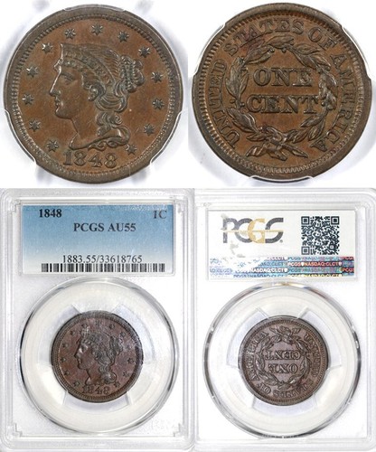 1848 1c N-13 Braided Hair Large Cent PCGS AU 55 - Picture 5 of 5
