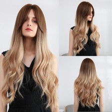 Long Wavy Dark Brown Blonde Ombre Wigs with Bangs Cosplay Daily Wig for Women