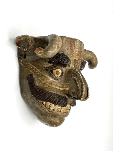 Vintage Smiling Devil With Mustache Ceramic Mask Horned Figure 7"X9" - Picture 3 of 9