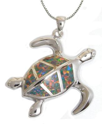 New .925 Sterling Silver Opal Sea Turtle Pendant Necklace