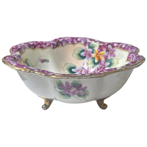 Nippon Noritake Hand Painted Purple Violets Bowl Footed Scalloped Beaded Gold 7" - Picture 3 of 14