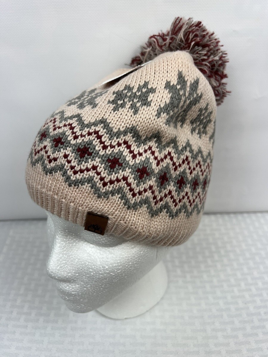 Timberland Womens Winter Knit Hat New with Tags Pink and Grey Faux Fur Lined