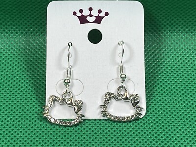 Sanrio Silver Loop Hello Kitty Cubic Zirconia Drop Dangle Adorable Earring Set