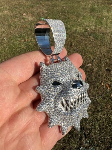 Huge 3.5" Iced Hip Hop 925 Silver Angry Pitbull Dog Animal Pendant Necklace CZ - Picture 8 of 14