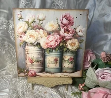 Shabby Chic Tins Pink Roses French Country Cottage 8x8 Handcrafted Plaque #1