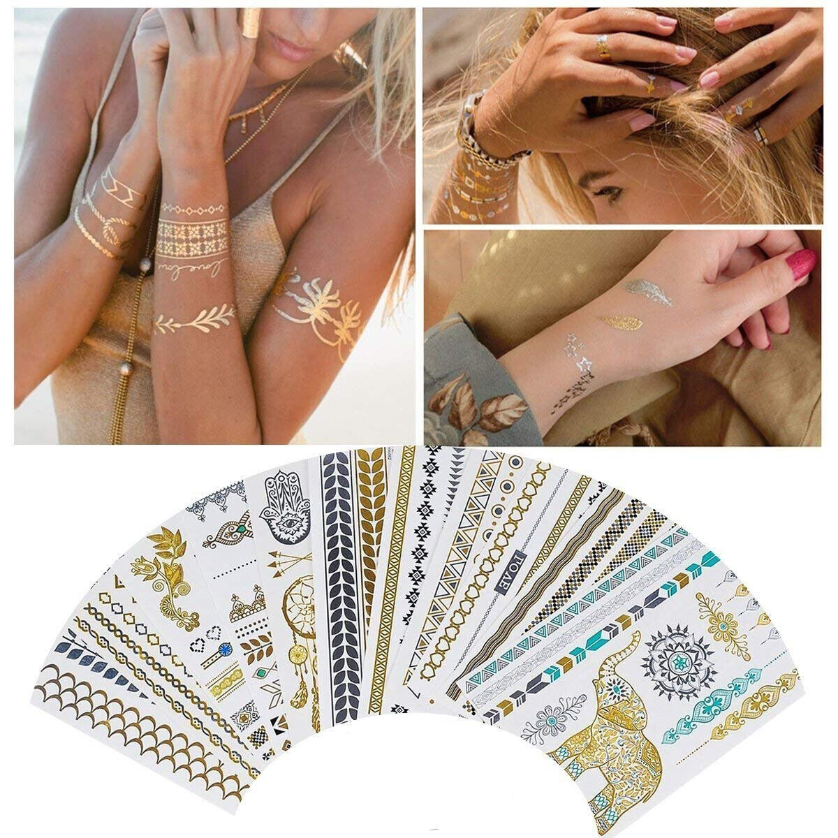 Boho Silver Gold Henna Metallic Flash Shiny Temporary Tattoos Sticker Bohemian
