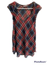 Women’s Junior  sz XS TARTAN PLAID Low Cut Neckline Lined DRESS Cute Feminine EU
