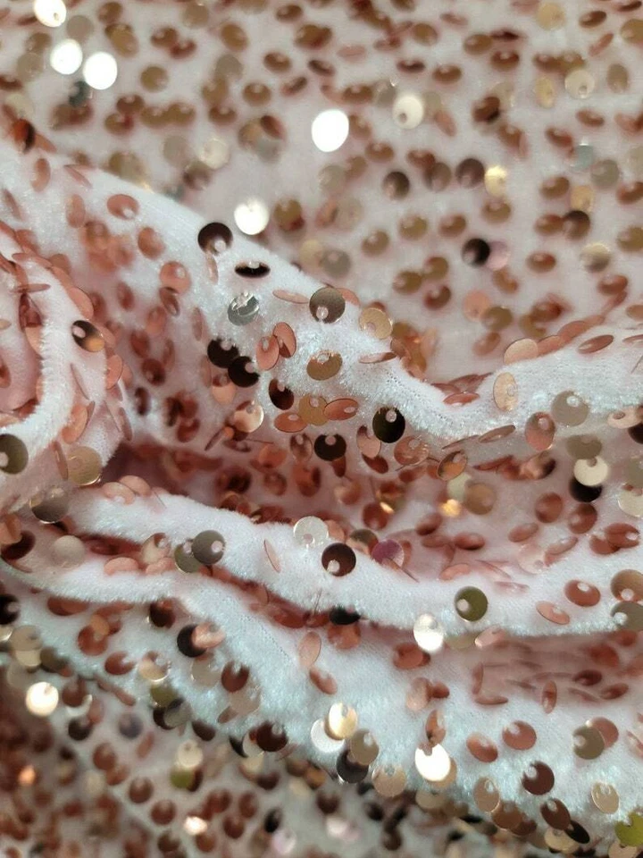 Fabric Sold By The Yard Pink Blush Stretch Velvet Embroidery Rose Gold Sequin - Image 2 of 4