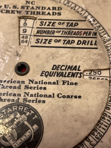 Vintage L. S. STARRETT Screw Threads & Tap Drill Sizes Dial Chart USA ๐บ๐ธ - Picture 5 of 14
