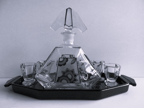 Antiguo juego de licor de vidrio Checoslovaquia jarra vasos bandeja Art Deco años 30 - Imagen 3 de 15