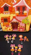 Lot Mini LaLaLoopsy Carrying Case Doll House W/8 Sister Dolls & A Mini Pet