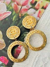 Christian Dior Vintage 1980s Large Circle Round Logo CD Hoop Drop Earrings Gold