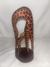 Hand Carved Giraffe Wood Sculpture Safari Painted Mother & Child Calf Kenya Deco