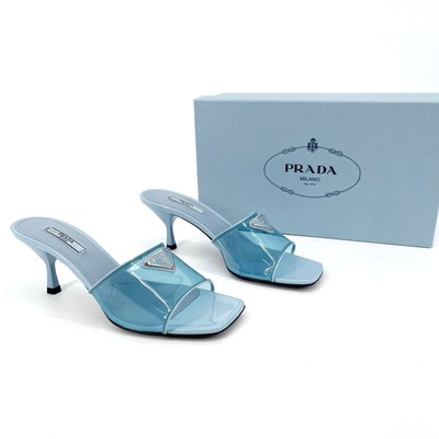 NWB Prada Celeste Blue Leather Trimmed PVC Plexi Logo Plaque Mule Sandal IT 37