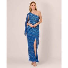Adrianna Papell One Shoulder Beaded Evening Gown Glam Draped Dramatic NWT 4