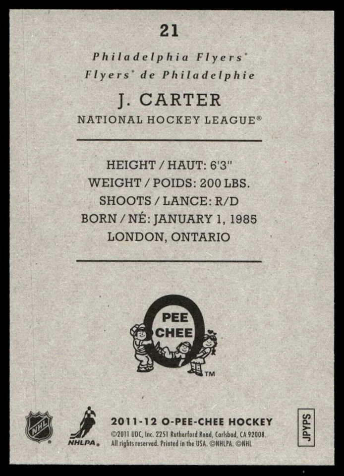 2011-12 O-Pee-Chee Retro Jeff Carter Philadelphia Flyers #21 - Image 2 of 2