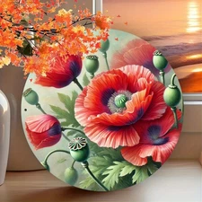 Large 20cm Red Poppies Flower Round Aluminum Wall Art for Indoor Outdoor