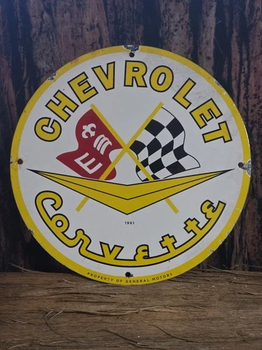 VINTAGE CHEVROLET PORCELAIN SIGN 1961 OLD CORVETTE SPORT CAR CHEVY DEALER 12"
