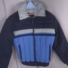 Vtg Roffe Men M Ski Jacket Puffer Blue Navy Gray 80s Made in USA Retro Apres Ski