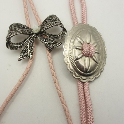 Vintage Bolo Ties Bow Concho Pink Cords Silver Tone Tips