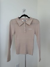 Miu Miu Rib-Knit Collared Logo Button Pullover Sweater Beige Women 38